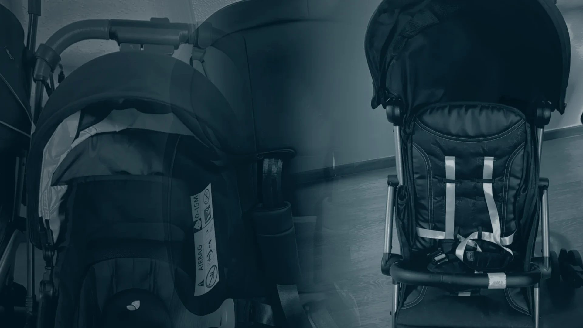 Collage of a baby stroller and a child car seat after cleaning
