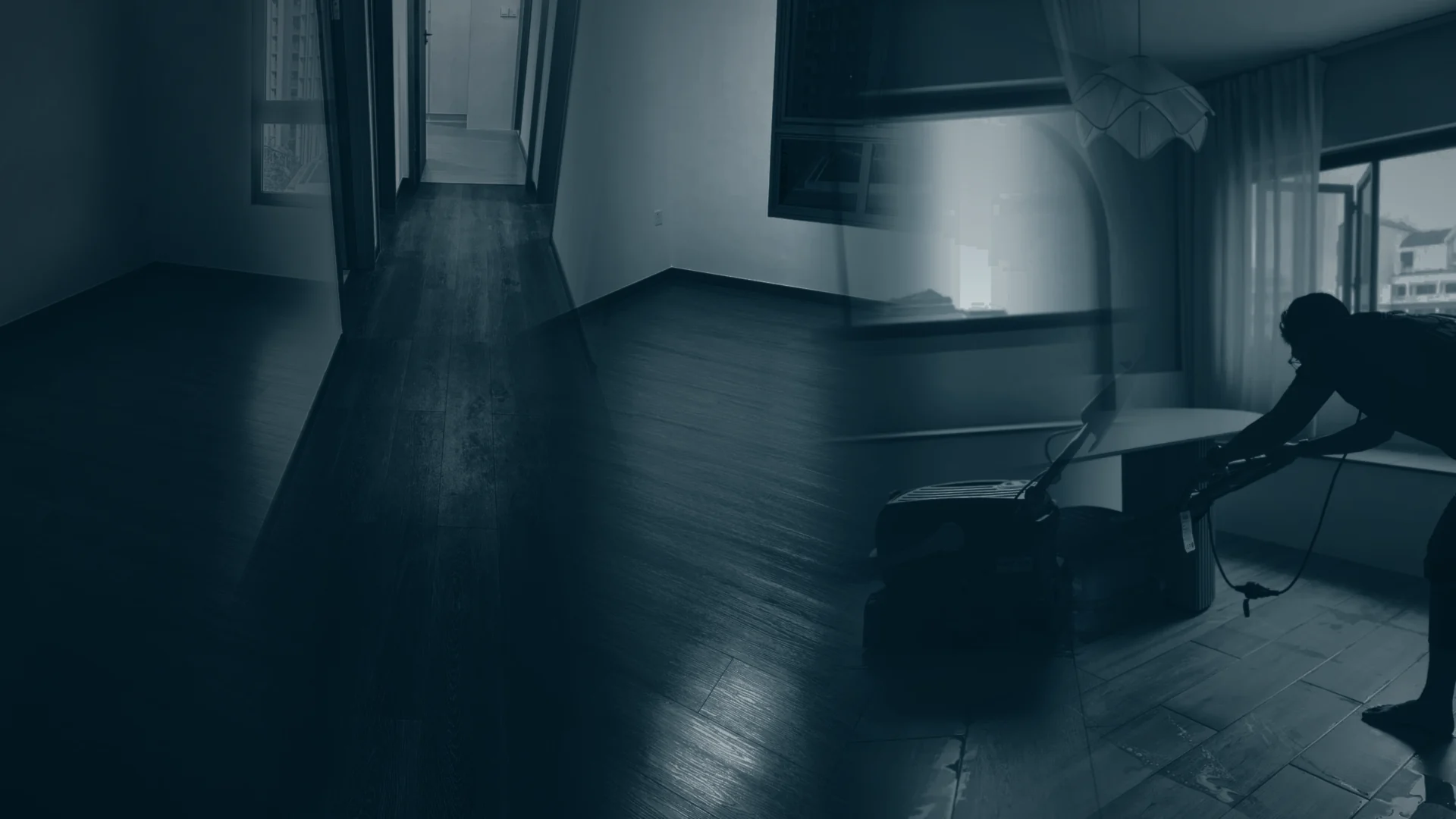 Collage of clean floors and M Clean crew machine-scrubbing a floor